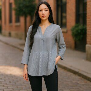 * STUDIO 1886 Blue White Pinstripe Long Sleeve Asymmetrical Hem Blouse Ladies L